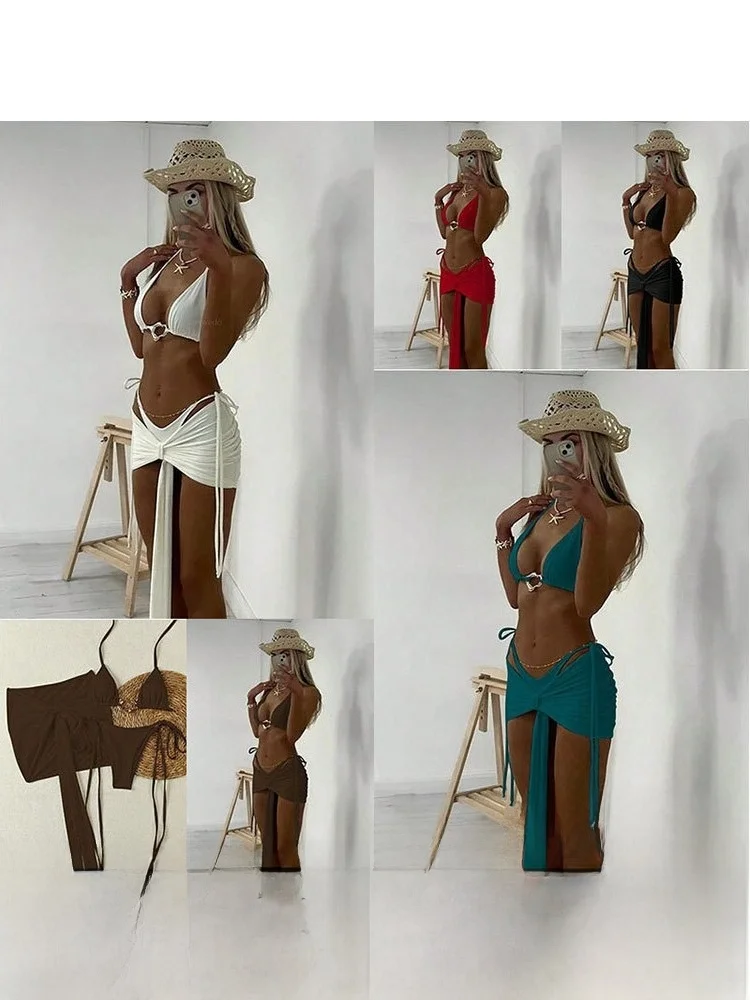 

Сексуальный раздельный купальник-бикини из трех частей для женщин, повседневный купальник для серфинга со стальными вставками