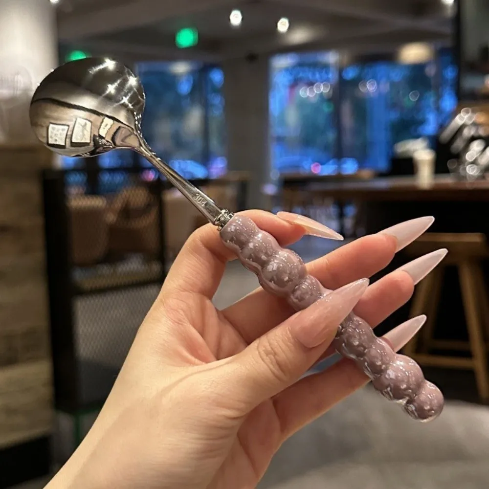 Stainless Steel Pearl Handle Spoon Imitation Ceramic Long Handled Stirring Spoons Five-color Dessert Spoon Kitchen Accessories