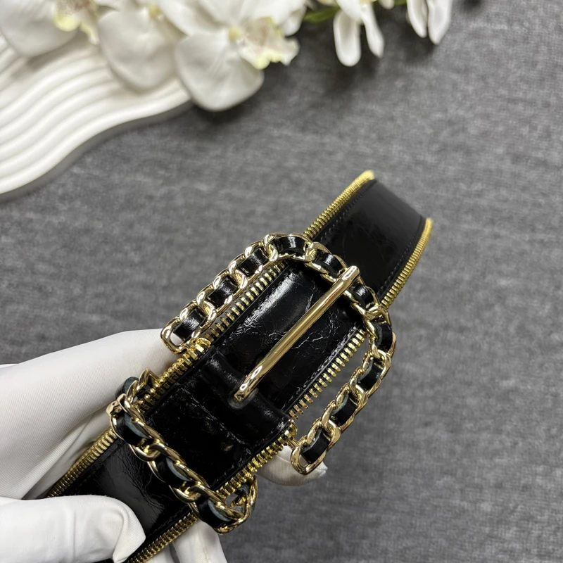 

cowhide zipper decorative belt, shiny leather, women's slim waist seal, red belt