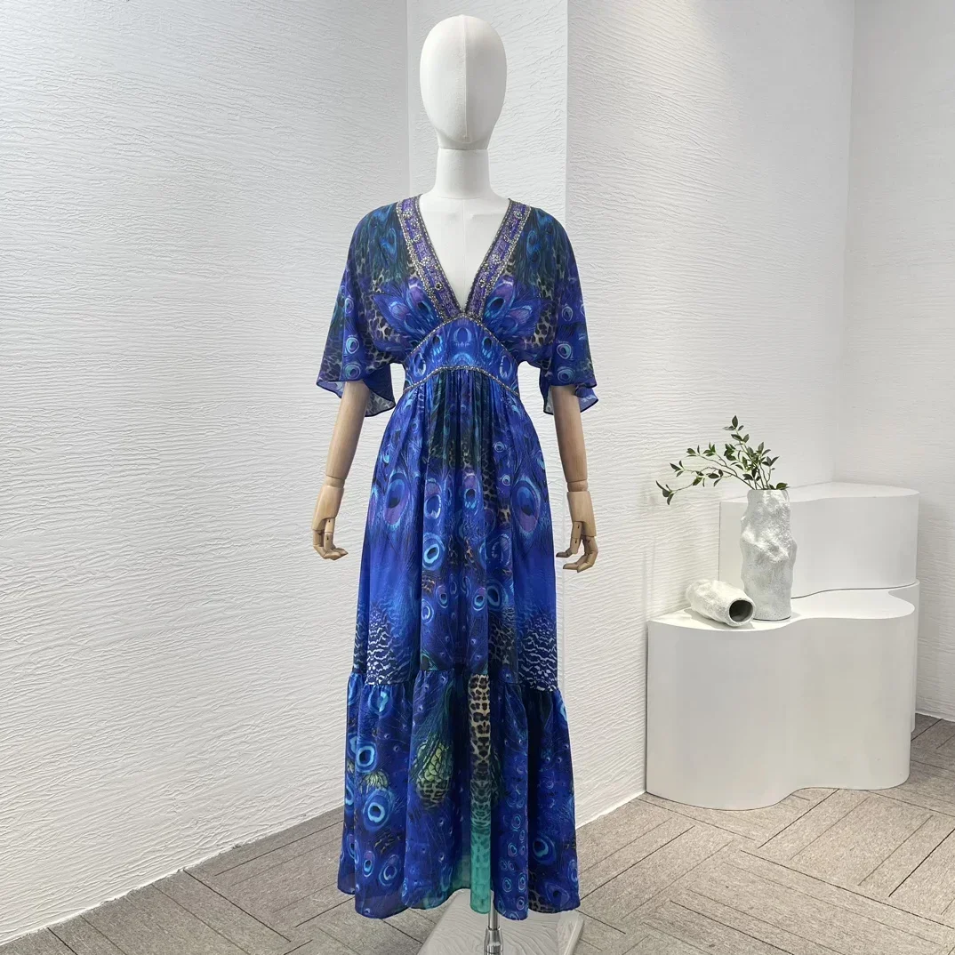 Blue Peacock Animals Print 2024 Latest Collection Half Sleeve Diamonds Pressed V Neck Shirred Women Retro Silk Midi Dress