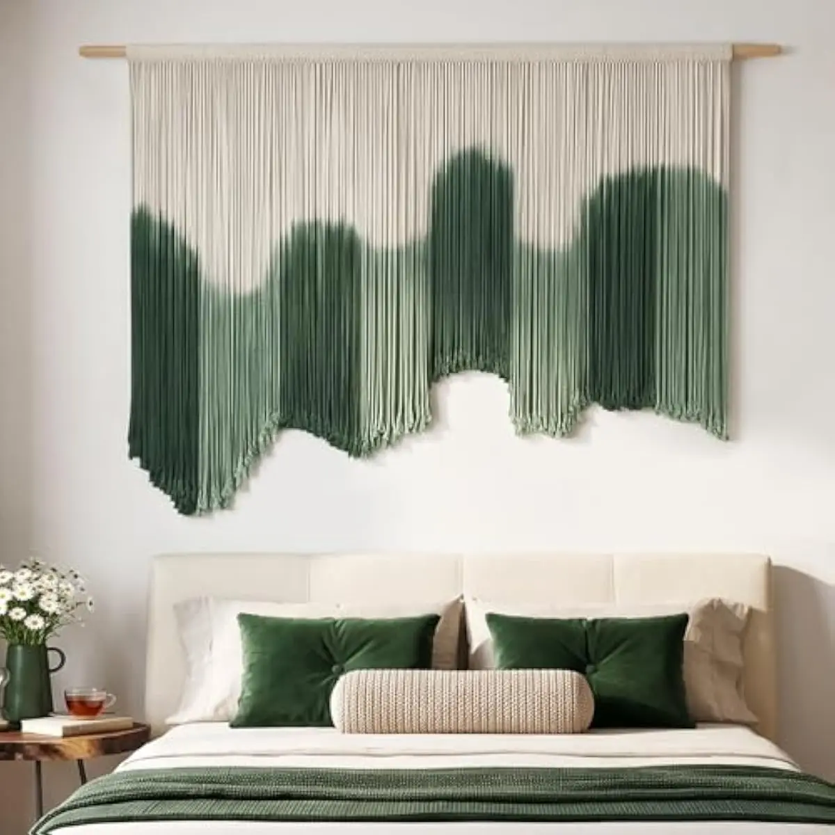 Large Hand-Dyed Macrame Tapestry with Organic Gradient in Forest Green Sage Beige Featuring Asymmetrical Wave Edge Natural Wood
