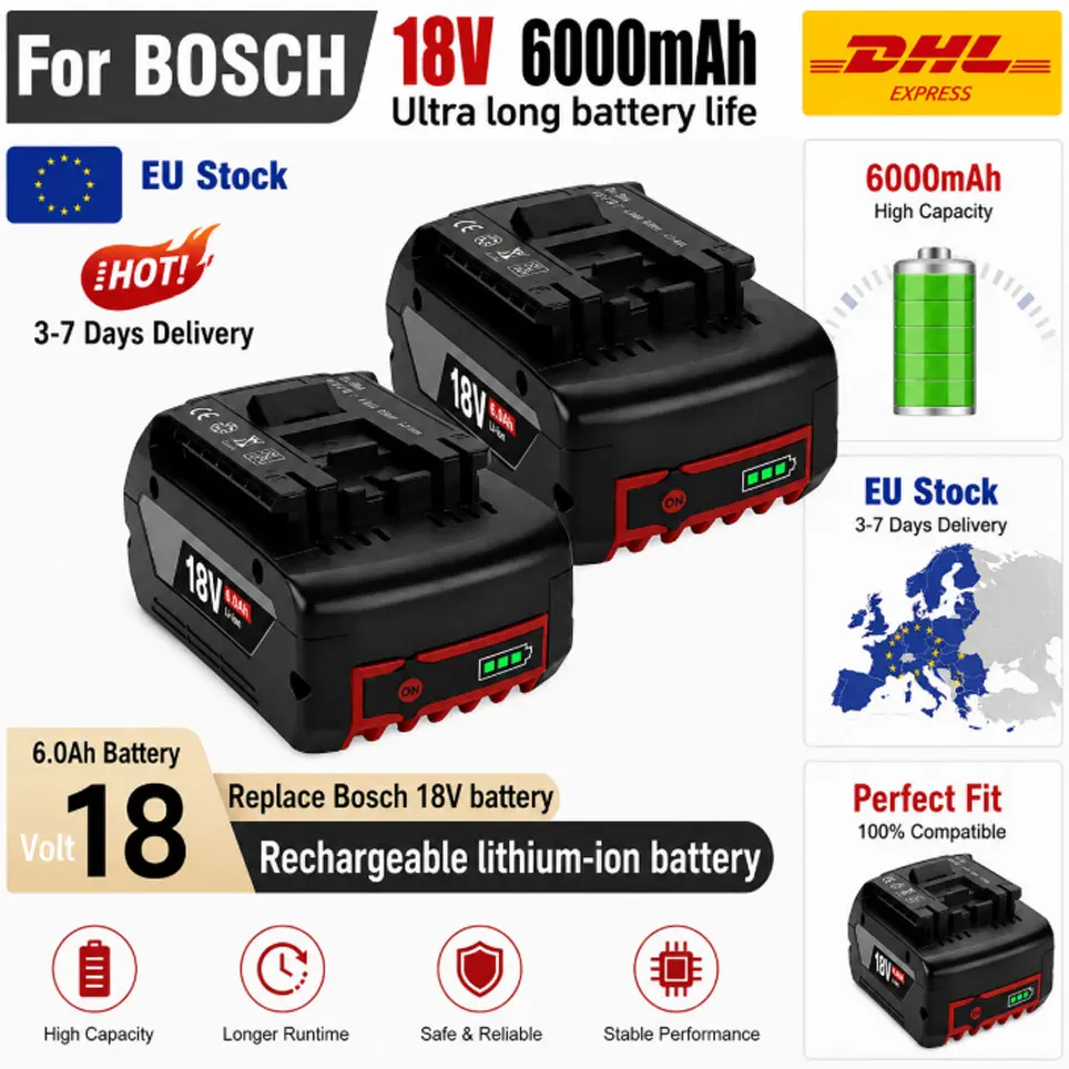 18V 6,0Ah Lithium-Ionen-Ersatzakku für BOSCH BAT609 BAT609G BAT618 BAT618G Wiederaufladbarer Werkzeugakku mit BMS EU-Lagerbestand Polen Lager 3-7 Tage schnelle Lieferung