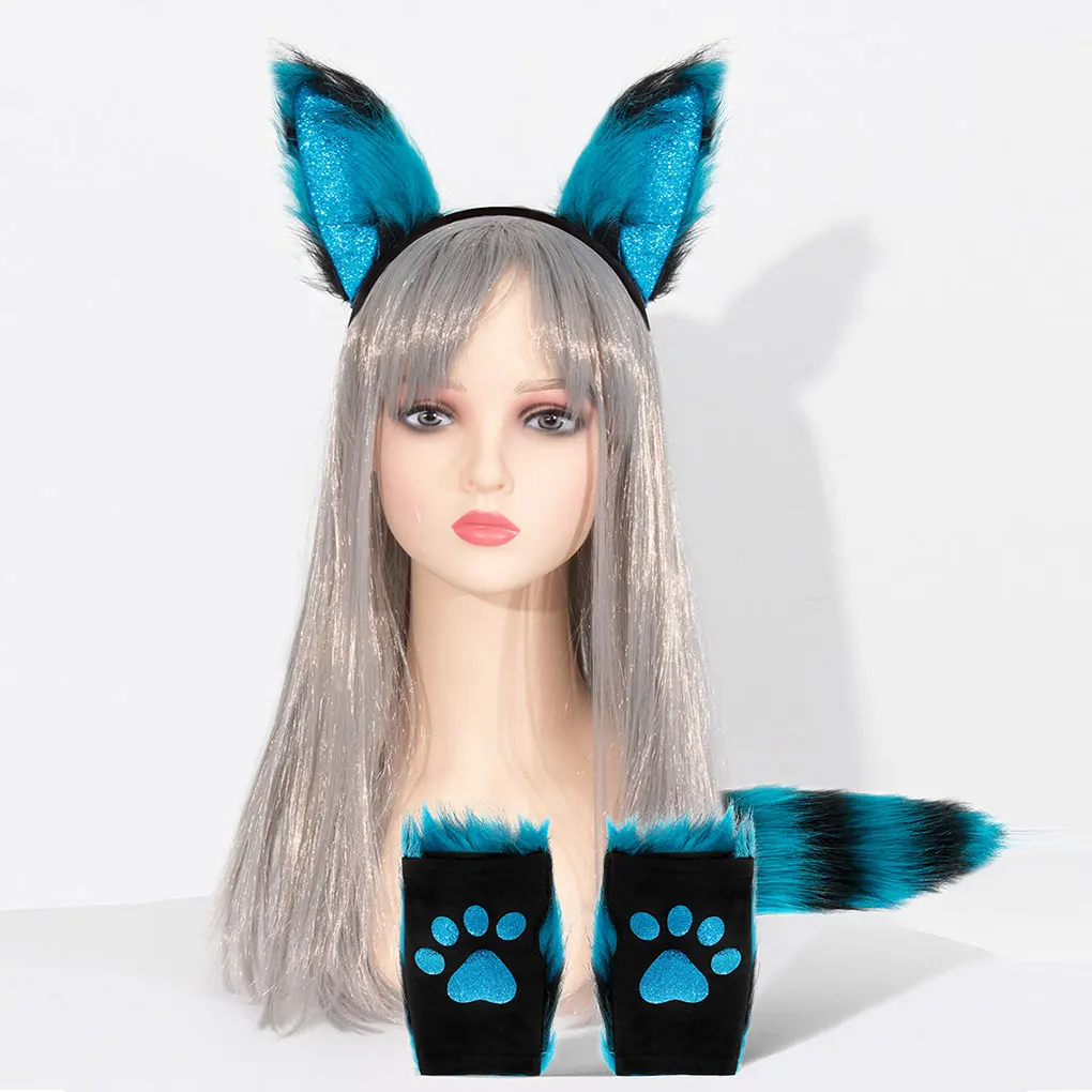 Plush Gloves With Ear Headband For Costume Party Artificial Wool Has Beautiful Texture And High