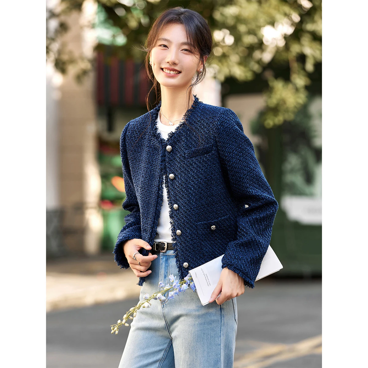 VIMLY Francese Elegante Giacca di Tweed Donna 2025 Autunno Nuovo O-Collo Cappotti Corti Solido Monopetto Tasche Tuta Sportiva Femminile A2632