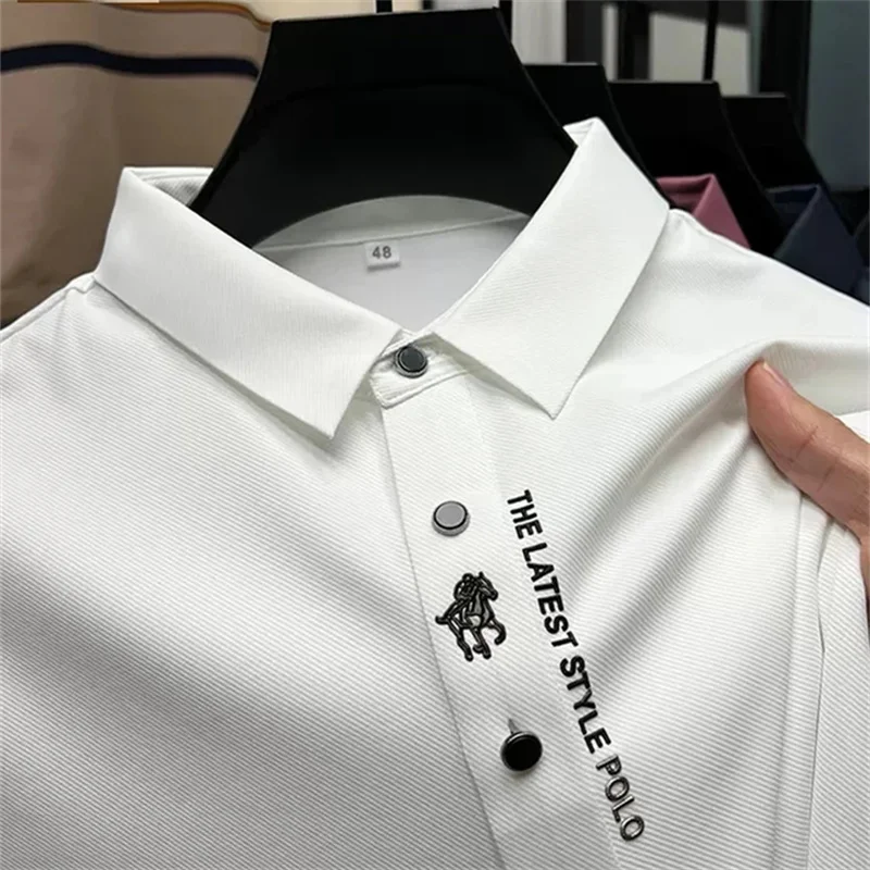 

High End Luxury 2024 Summer Solid Color Ice Silk Men's Polo Shirt Lapel Print Short Sleeved Korean New Fashion Business Clothing