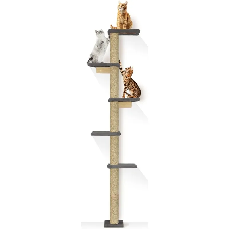 

PAWSCRAT Wall-Mounted Cat Tree, 5 Tier Floor to Ceiling Cats Tower, 80 Inch Wall-Mounted Cat Scratching Post, Space Saving Cat F