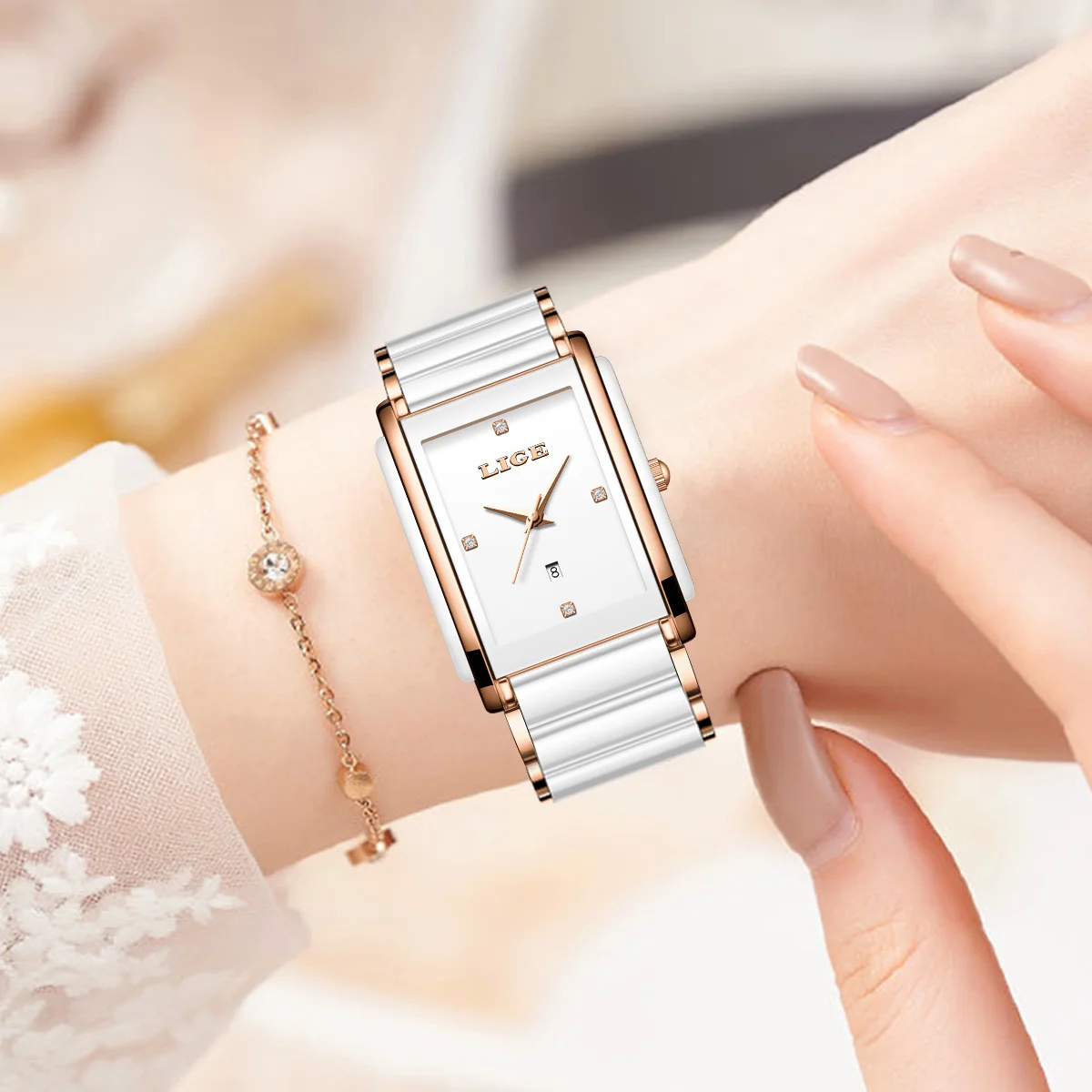 LIGE Women's Watch Elegant Luxury Fashion Square Diamond Dial Quartz Waterproof Stainless Steel Simple Watch for Women reloj+BOX