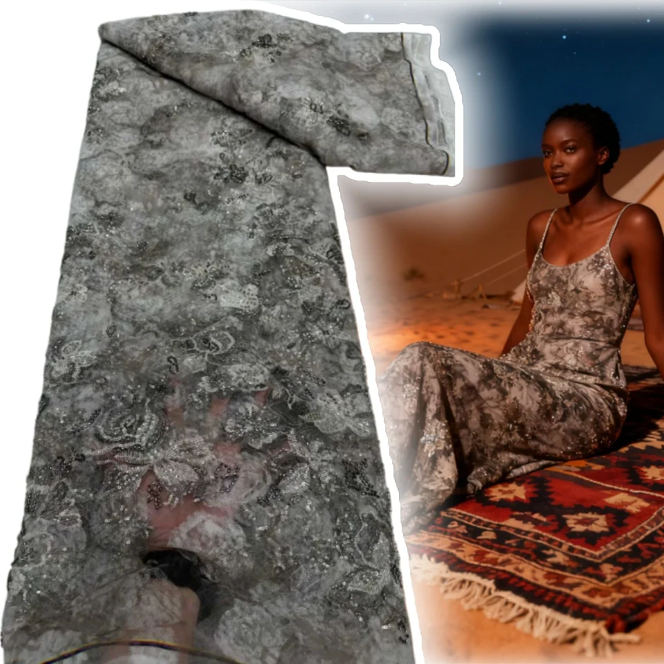 

Африканская свадебная вышитая кружевная ткань с блестками и бусинами, нигерийская французская кружевная ткань для вечерних платьев, 5 ярдов 1891