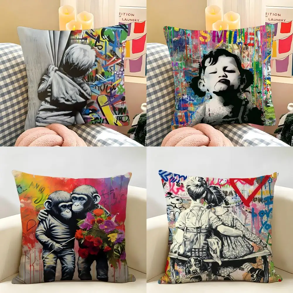 B-Banksy Graffiti Mr B-Brainwash Cushion Cover Natural Linen Organic Fabric Double-Sided Printing Room Sofa Decor Pillow Case