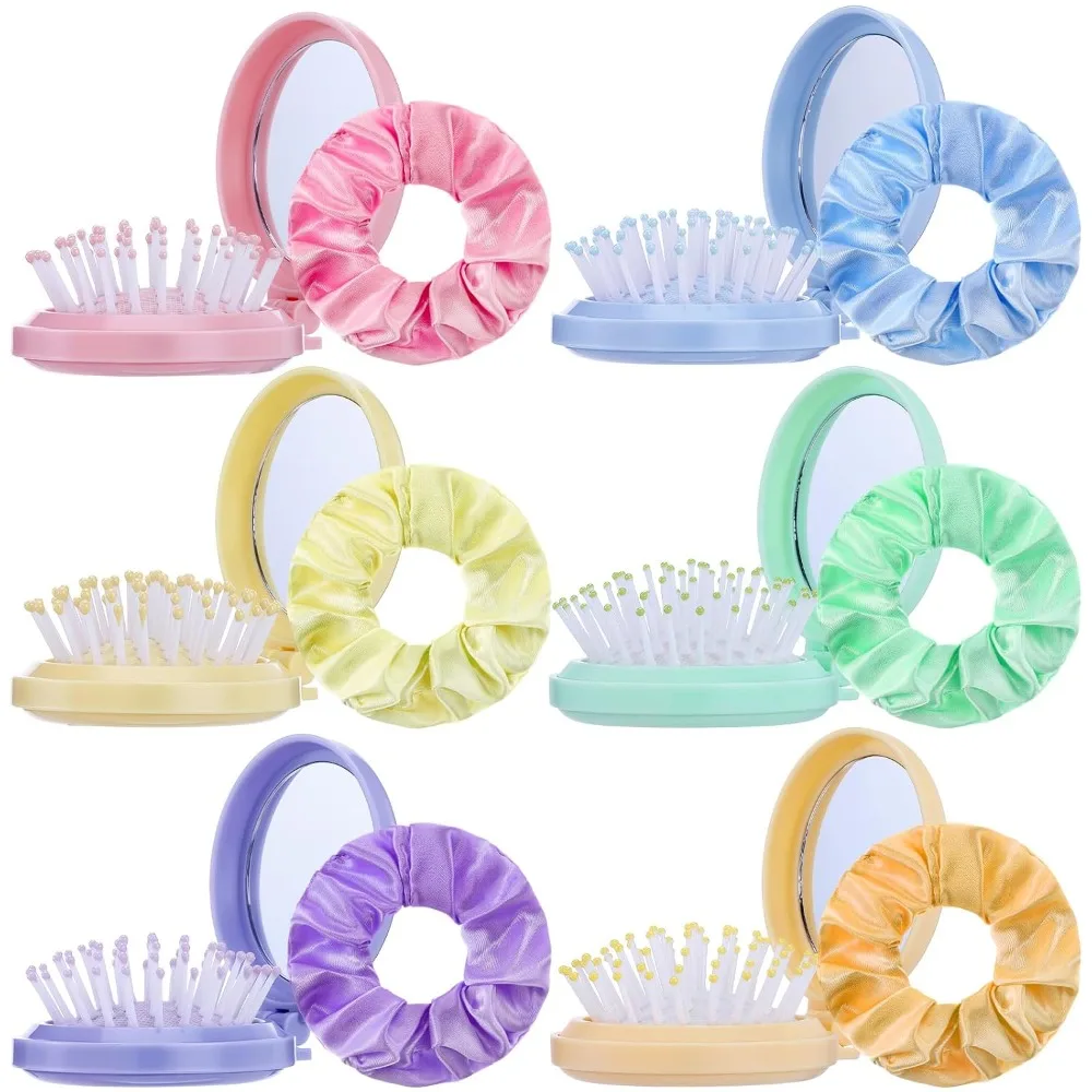 6/12/30 Sets Mini-Klappbürsten mit Spiegel + Satin-Haargummis – Tragbares Reise-Entwirrungskamm-Set für Mädchen, Reisegeschenke – Detail 1