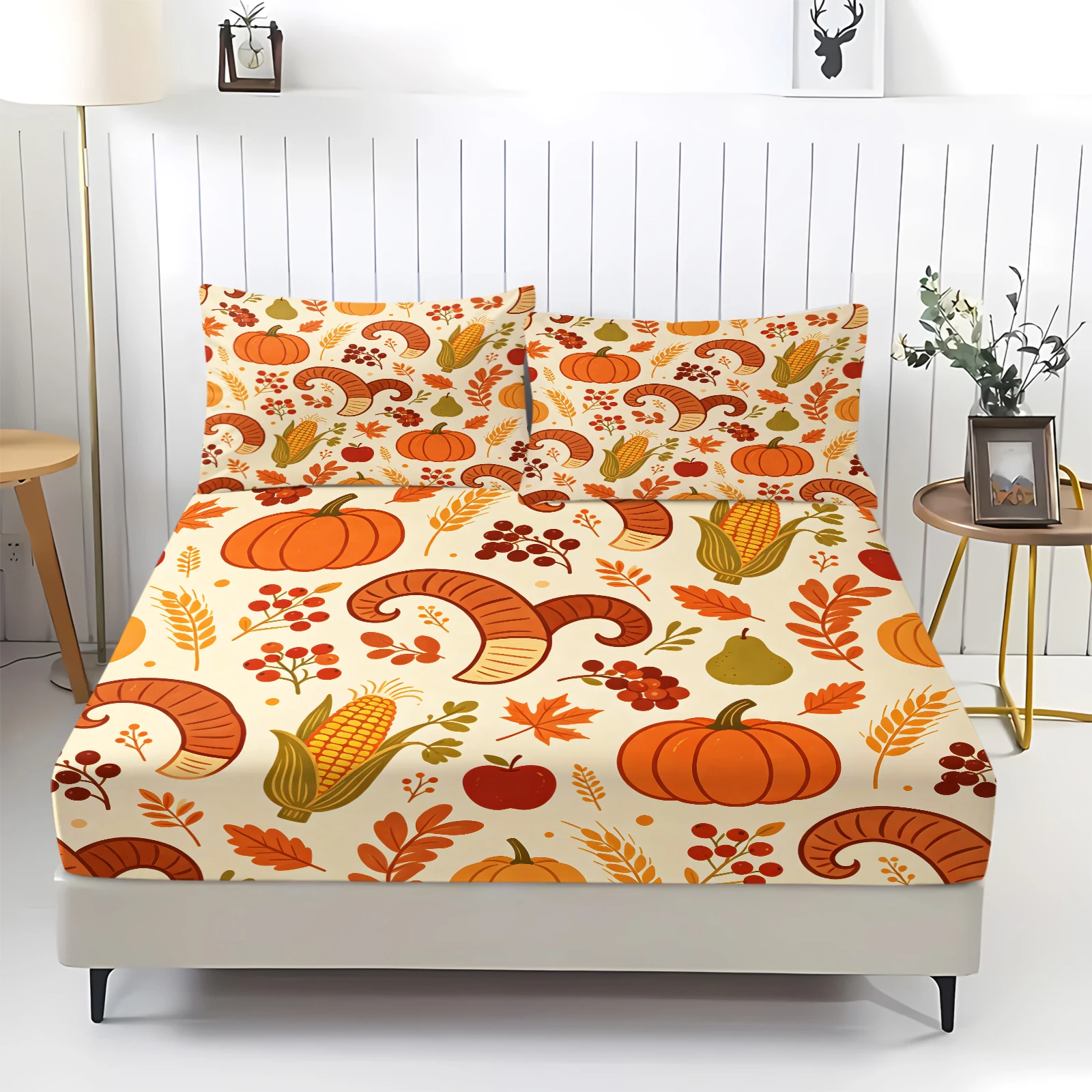 Autumn Harvest Fitted Sheet Set Thanksgiving Cornucopia Pumpkin Print Elastic Mattress Cover with Pillowcase Deep Pocket Bedding