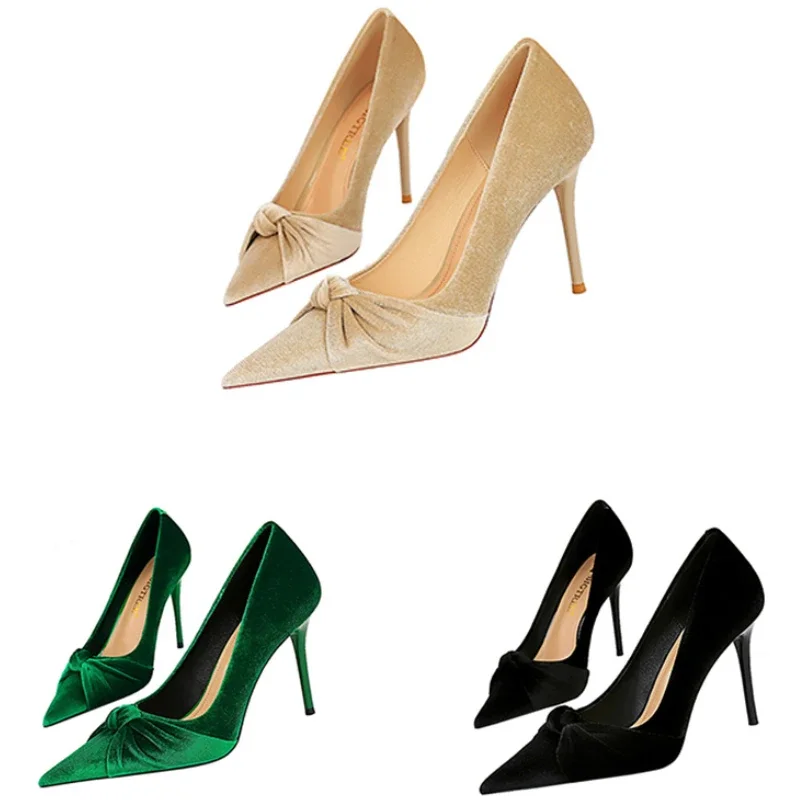 Women Fetish 10cm High Heels Butterfly Knots Ruched Pumps Scarpins New Velvet Stiletto Lady Elgeant Green Birthday Banquet Shoes