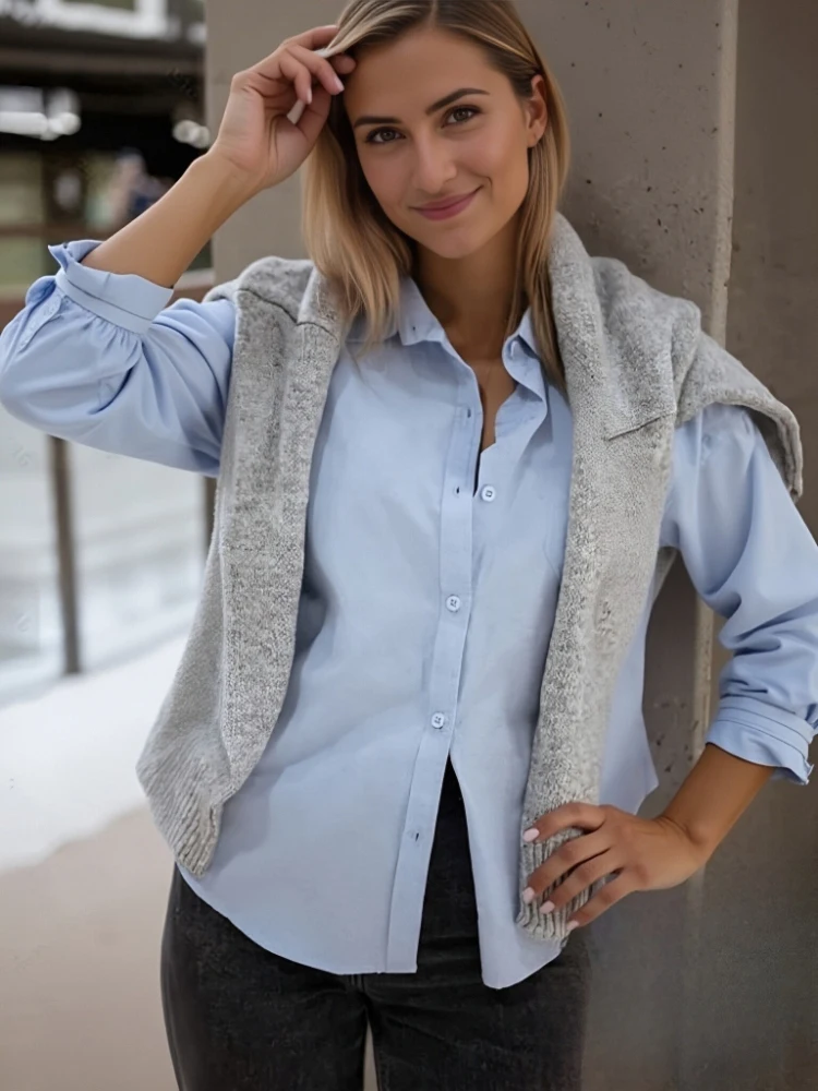 

Весенне-осенняя повседневная женская рубашка на пуговицах, офисная женская синяя рубашка с длинным рукавом, повседневная элегантная женская свободная рубашка, модный топ на пуговицах