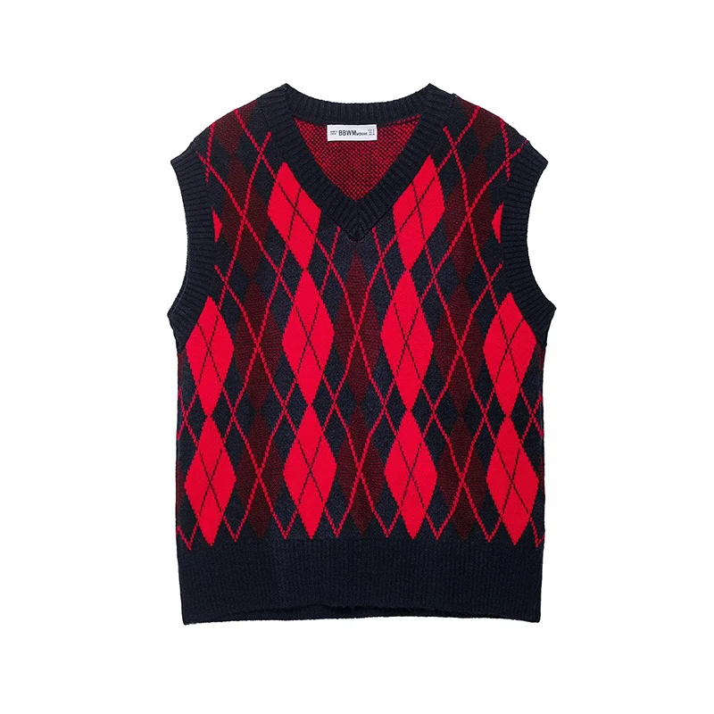 Moda donna Argyle senza maniche scollo a V gilet lavorato a maglia maglione femminile chic allentato corto pullover gilet casual top