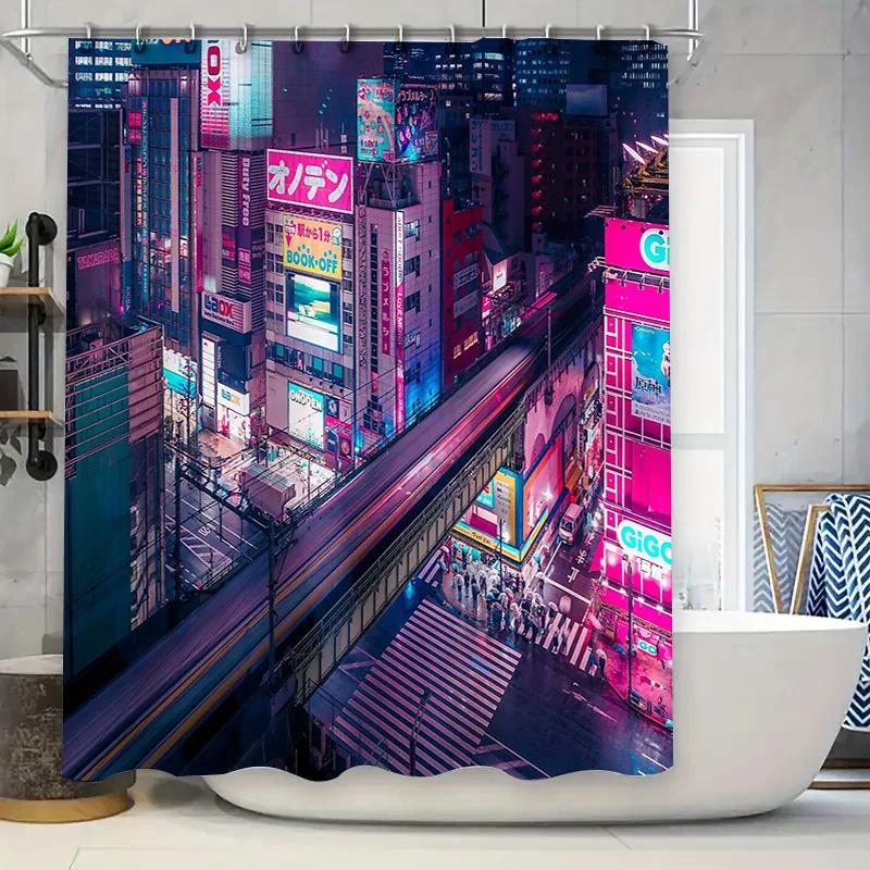 Japanese Cityscape Shower Curtain Anime Tokyo Night View Decor Vaporwave Aesthetic Room Divider Backdrop Photography