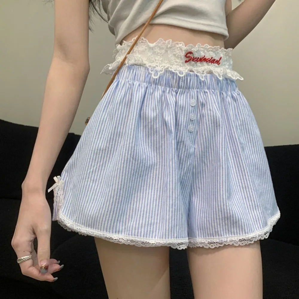 Chic Loose Lace Plaid Shorts Stripe Sweet High Waist Shorts Mesh Flower Lolita Wide Leg Short Pants Students