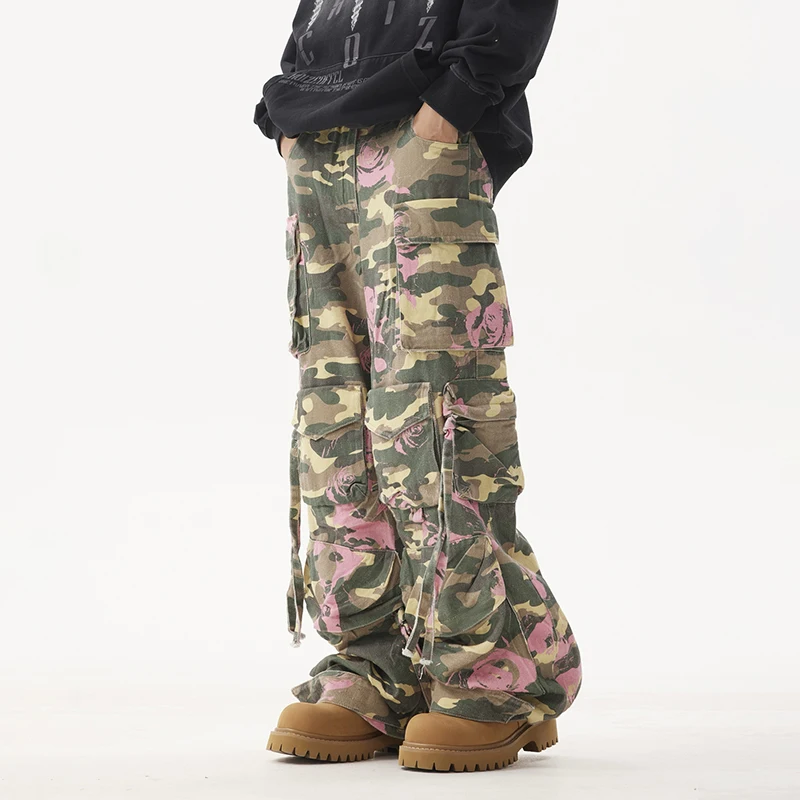 PFNW American Spray Dyeing Camouflage Pants Male Functional Multi Pocket Streetwear Loose Wide Leg Casual Cargo Trousers 28W5044