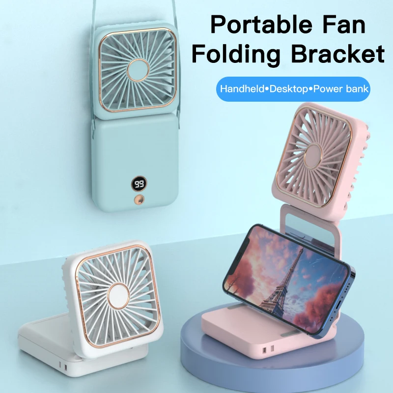 3-in-1 Mini Portable Fan Hanging Neck Fan Handheld Fan & Foldable Mirror with Power Bank, Compact & Portable for Summer Sports
