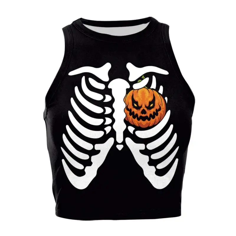 Nadanbao Damen-Crop-Top mit Geister-Kürbis-Print, kurze Weste mit Rosen-Totenkopf-Muster, sexy, schmales, ärmelloses Hemd, Halloween-Party-Top – Detail 15