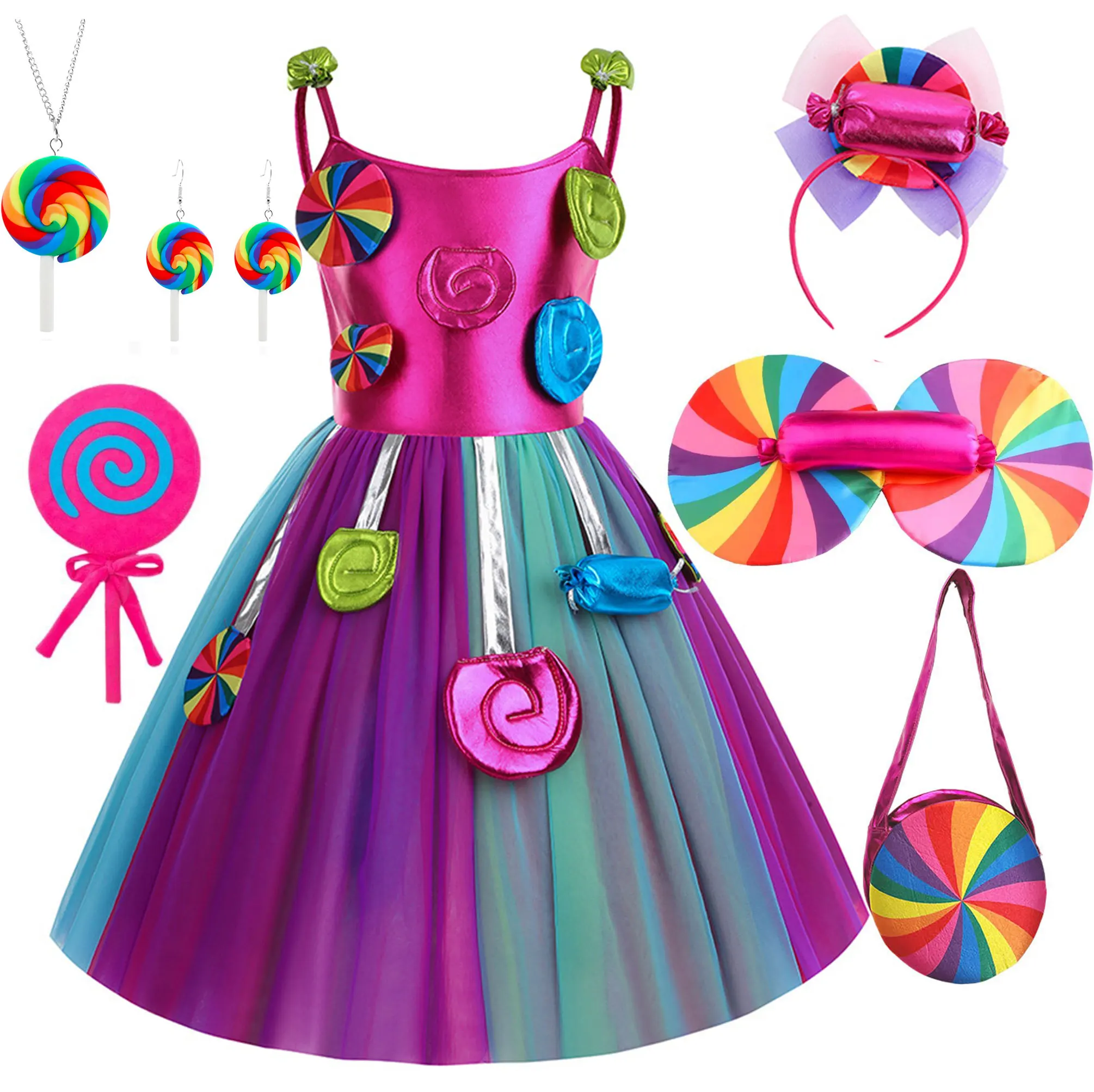 

2024 Purim Festival Lollipop Costume Girls Fairy Dress Fancy Carnival Birthday Fantasy Children Candy Rainbow Vestido Dress