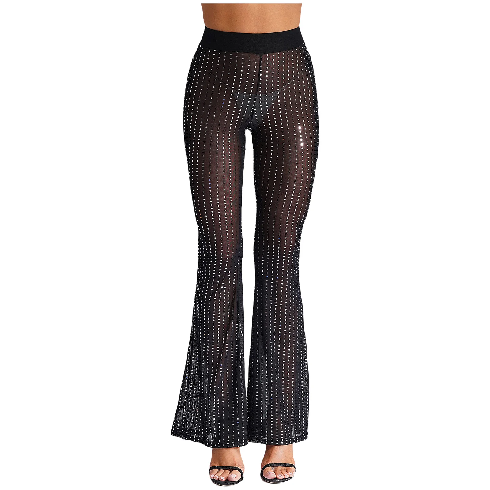 Womens Sheer Mesh Cover Up Pants Trousers Sexy See Through Sequined Mesh Flare Pants High Waist Bell Bottom Raves Bar Costume