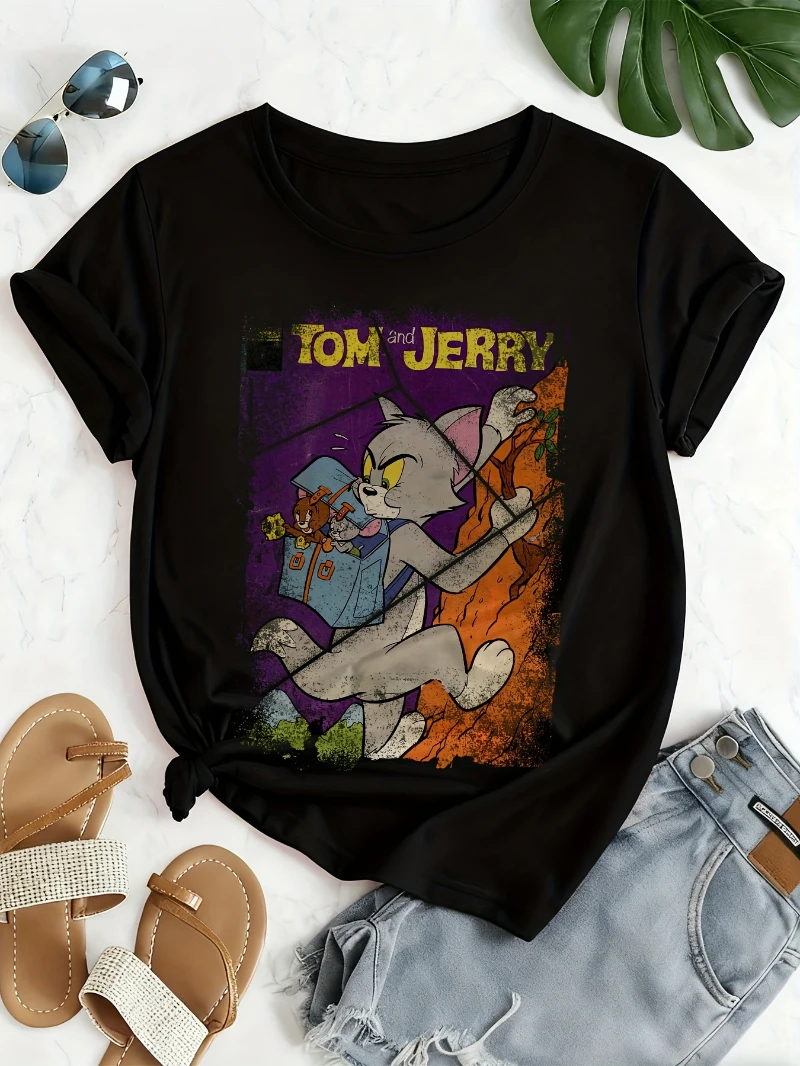 تي شيرت نسائي صيفي كبير الحجم من Tom & Jerry لعام 2025 برسومات كرتونية فاخرة راقية لكل من الرجال والنساء