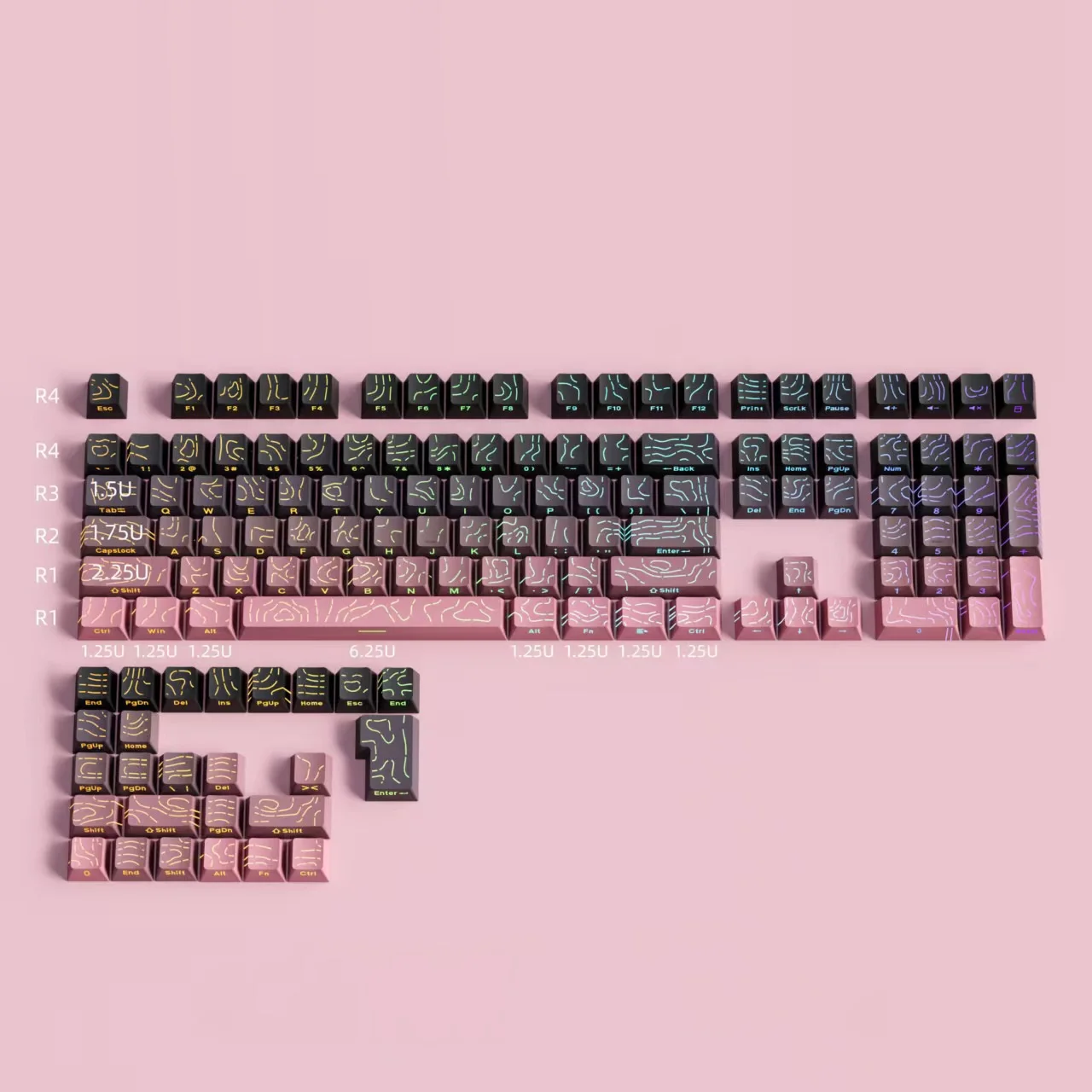 GEFENSI Black And Pink Contour Lines 4.0 Keycaps Factory Height 130 Key Dual Color Small Full Set With Cracked Light