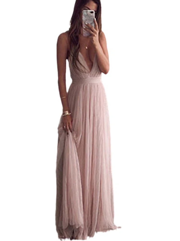 Deep V-neck Mesh Spaghetti Straps Backless Pink Evening Dress