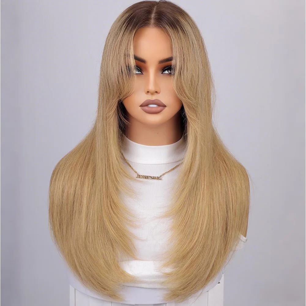 

Парик Jessies T4/27 Ombre, светло-коричневый с медными оттенками, с челкой-шторкой, многослойный, прямой, без клея, 13x5, с предварительно нарезанным кружевом