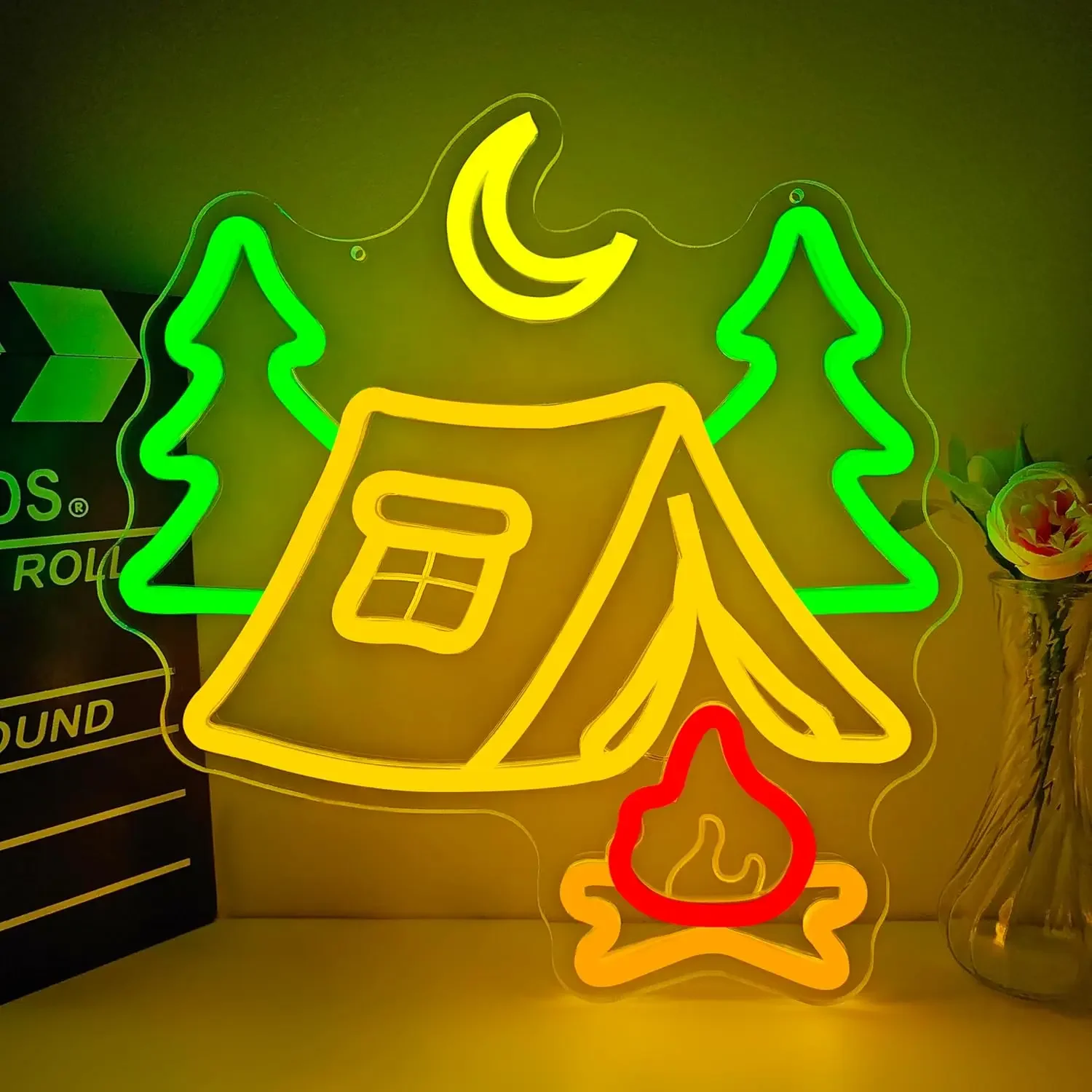 Camping Tent Neon Sign Moon Pine Tree Campfire LED Wall Art USB Powered Glow Lamp Outdoor Decor Bedroom Gift Hanging Light