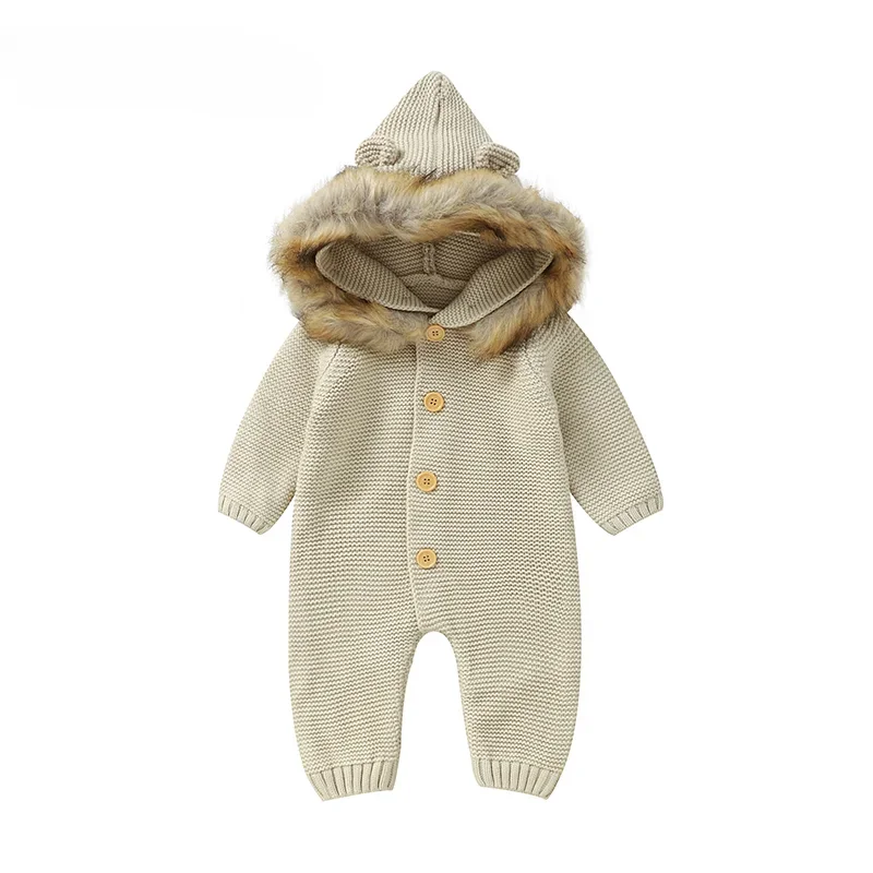 One Piece Toddler Unisex Outfit Winter Warm Baby Rompers with Hood Long Sleeve Knit Newborn Boys Girls Camel Jumpsuits Playsuits