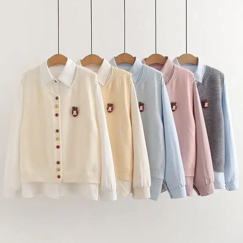 

Autumn 2025 Women's School Style Knitted Vest Set Rabbit Button Shirt And Vest Two-Piece Cotton Polyester Breathable Casual