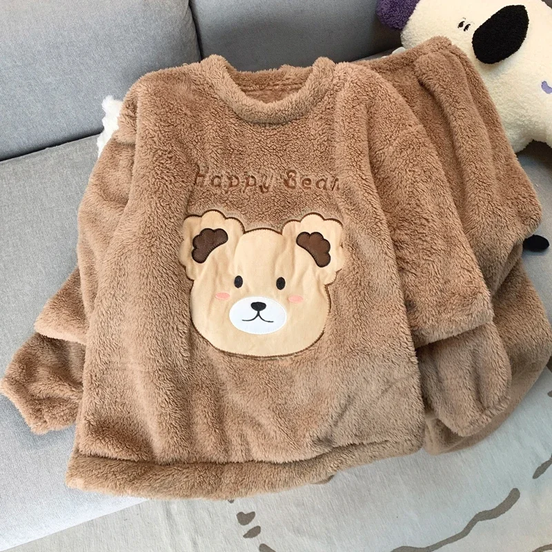 

Autumn Winter Flannel Warm Women's Pajamas Sets O-Neck Long Sleeve Women Two Piece Set Cute Bear Print Pyjamas Women Pijama