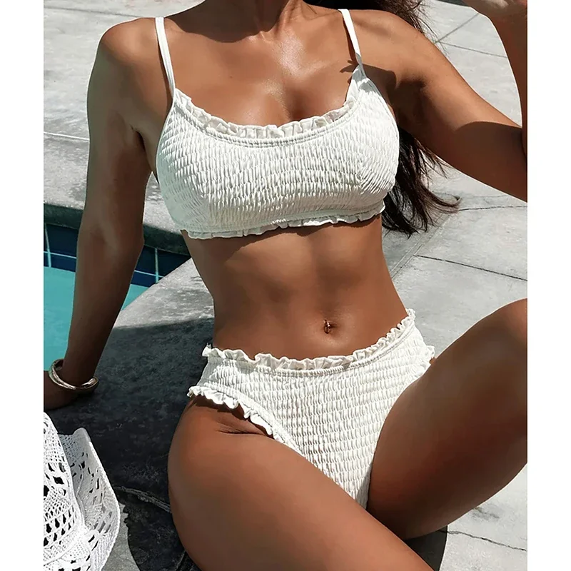

Vintage Ruffled Bikinis Sets Women Solid Sexy Backless Lace Up High Waist Bikini Summer 2025 New Fashion Bathing Suits Two Piece