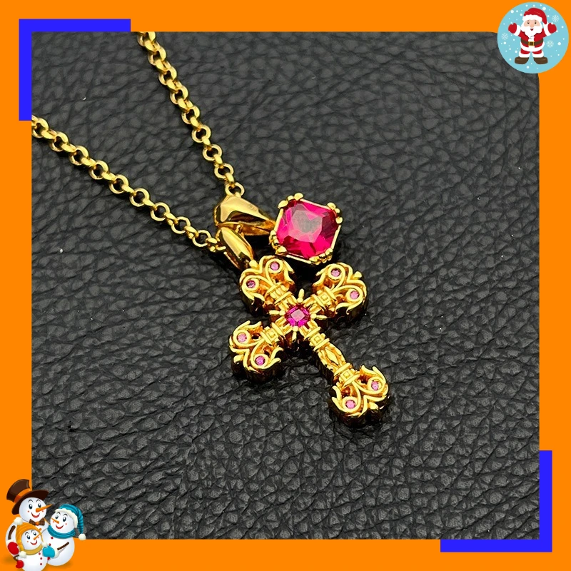 Premium Sense Golden Flame Cross Sugar Cube Diamond Set Double Pendant Necklace Personality Explosion Classic Trend