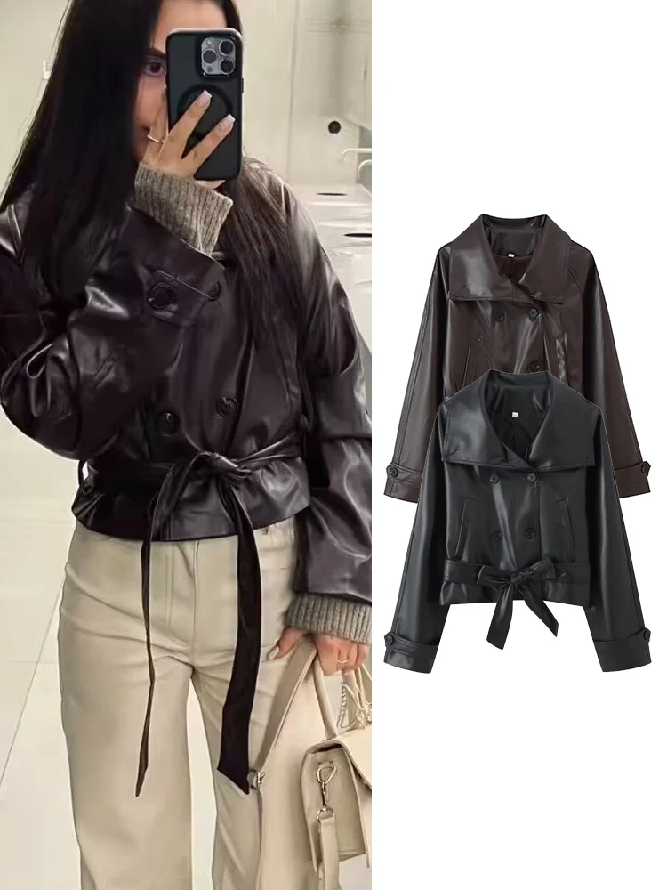 

TFMLN Women Vintage PU Short Jackets With Belt Fashion Oversize Faux Leather Streetwear Female Double Breasted Casual Outwear
