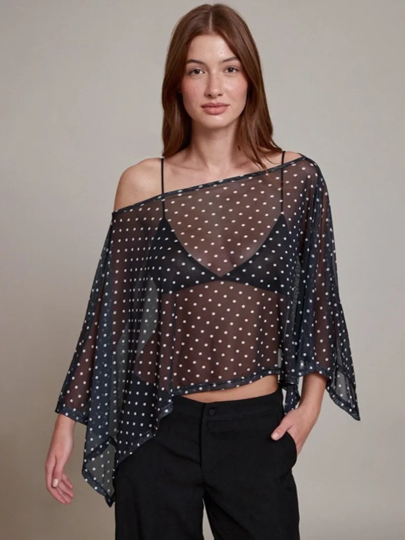 

FDYOUI Elegant Sexy Polka Dot Print Blouses Tops for Women 2025 Autumn Lady Off Shoulder See-through Irregular Black Cover-ups