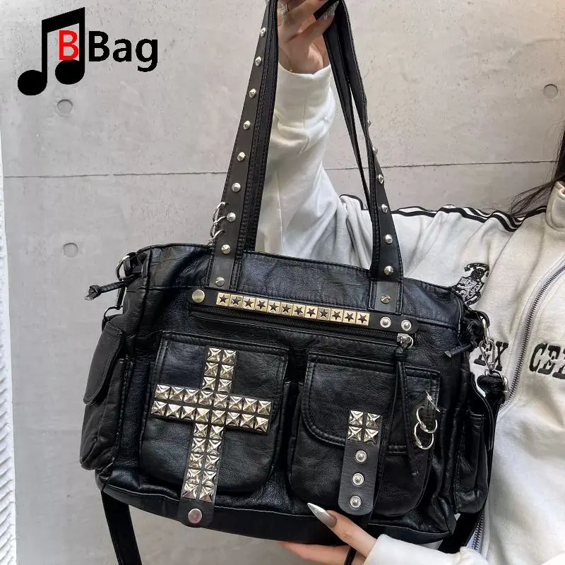 Original Handmade Niche Rivet Punk Cross Tote Bag Heavyweight