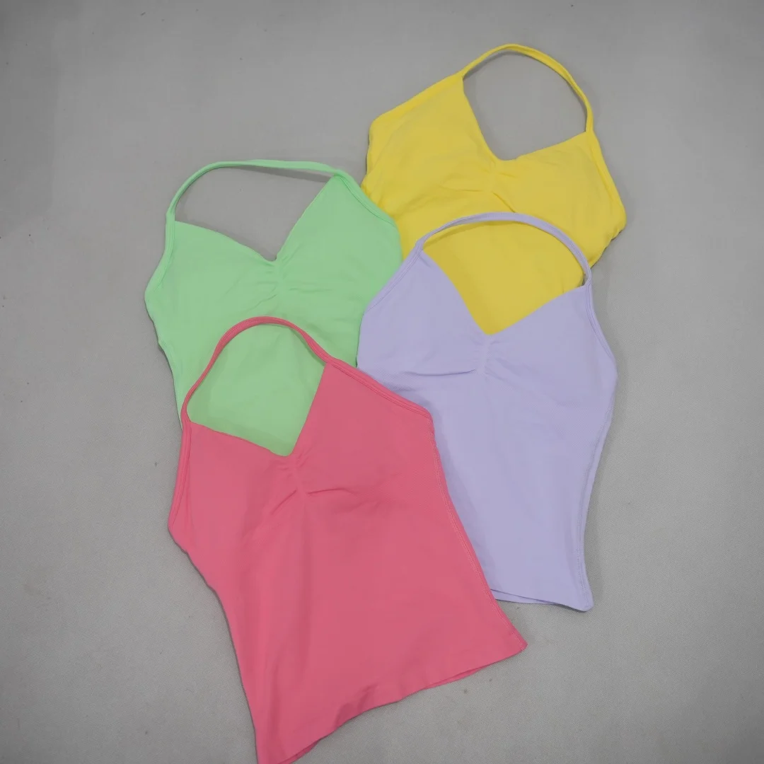 DFDK Seamless Yoga Tank Top For Women V Neck Longline Strappy Sports Vest Removable Pads Breathable Elastic Gym Running Workout
