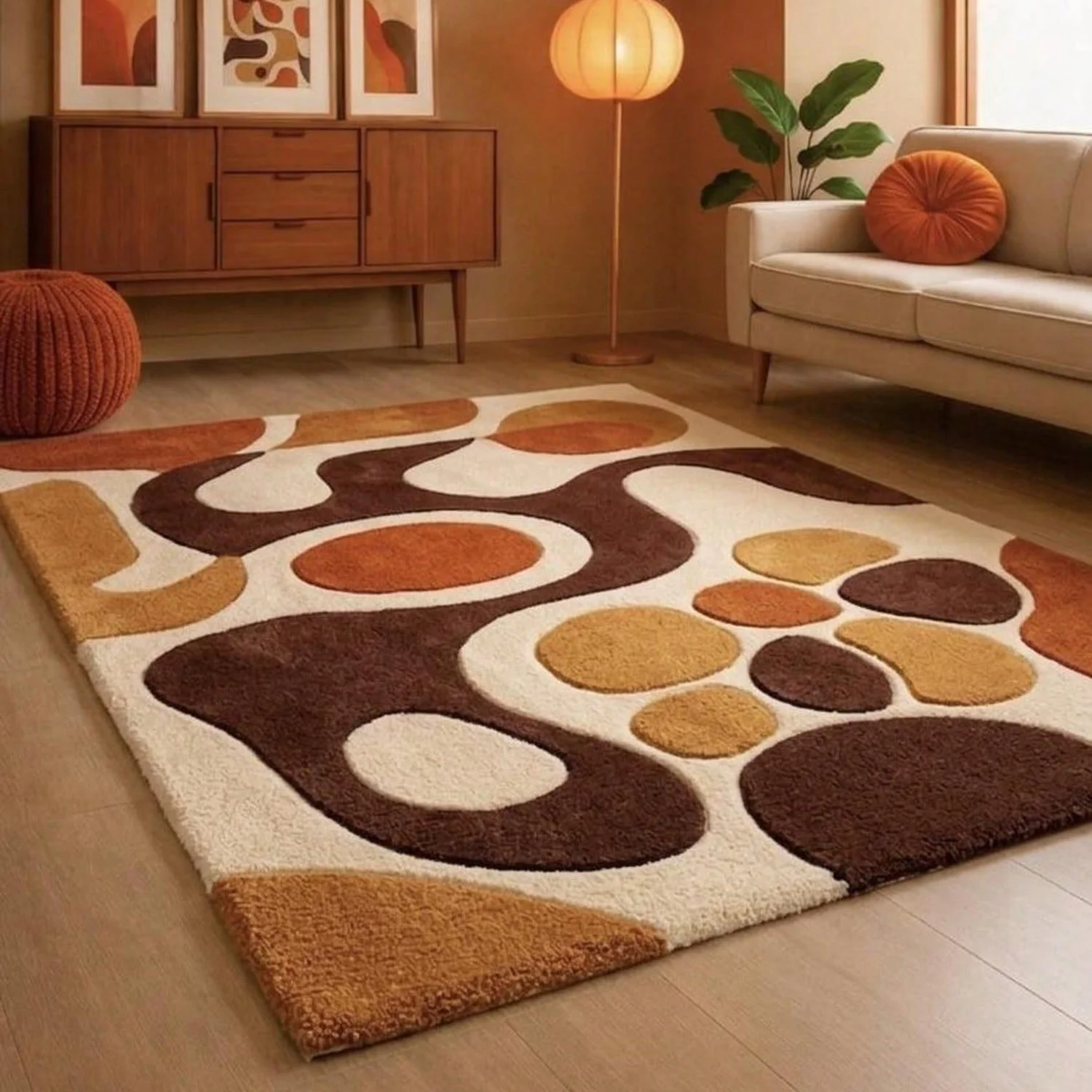 Abstract Organic Wool Carpet, Modern Tufted Area Rug, Sculptural Irregular Shape Rug, Brown Cream Living Room Rug, Minimalist