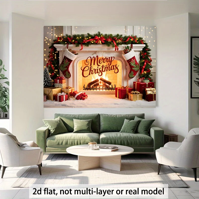 2D Flat, 1pc Self-Lit Fireplace Backdrop Banner with Garland & Stockings - 2D Flat Realistic Fireplace Design with Glowing Light
