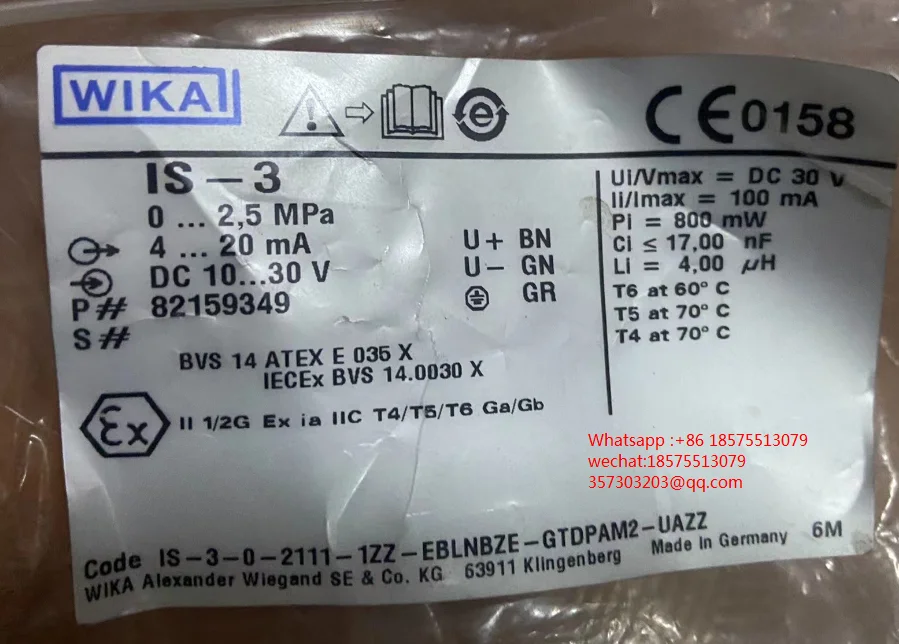 For WIKA IS-3 Pressure Sensor 82159349, 0-2.5mpa Sensor, Connection 1/4NPT 1 Piece