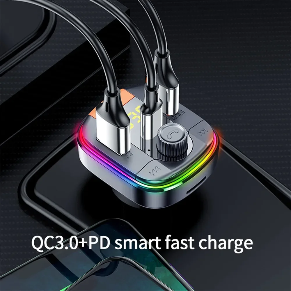 블루투스 5.0 차량용 FM 송신기, 무선 LED 송신기, MP3 플레이어, 핸즈프리 FM 변조기, PD QC 3.0, USB 차량용 충전기, RGB 조명