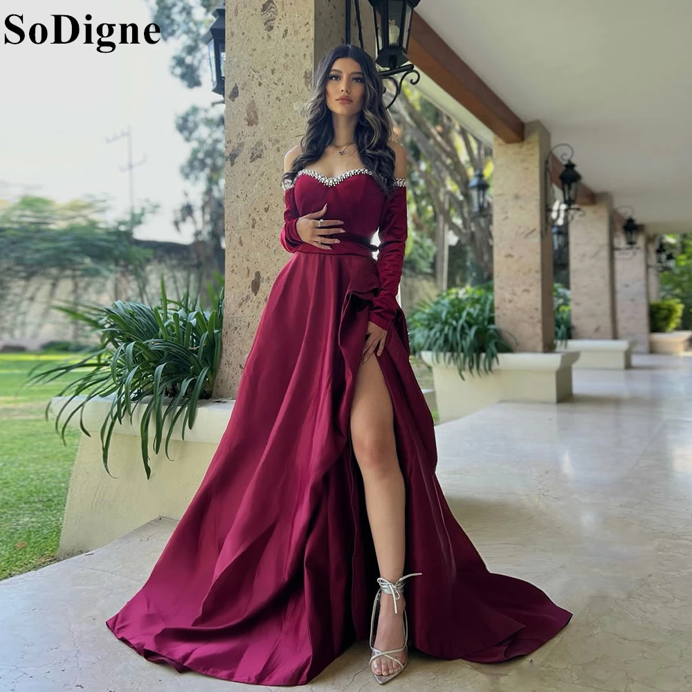 

SoDigne Elegant Burgundy Evening Dresses Saudi Off Shoulder High Slit Beading Pearl A-Line Party Dress Guest Prom Gown Customize