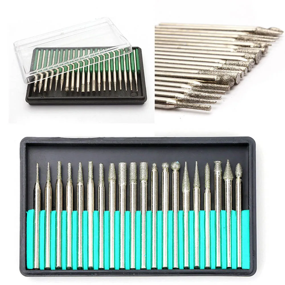20PCS 2.35/3mm Shank Diamond Grinding Burr Needle Point Engraving Carving Polishing Glass Jade Stone Drill Bit Rotary Tool Set