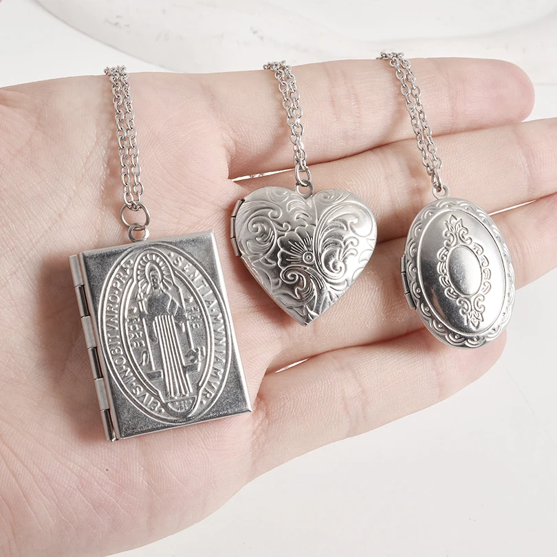 خمر فضي اللون قابل للفتح البيضاوي مربع القلب منحوتة زهرة شريط المنجد قلادة شيك إطار الصورة القلائد الفولاذ المقاوم للصدأ