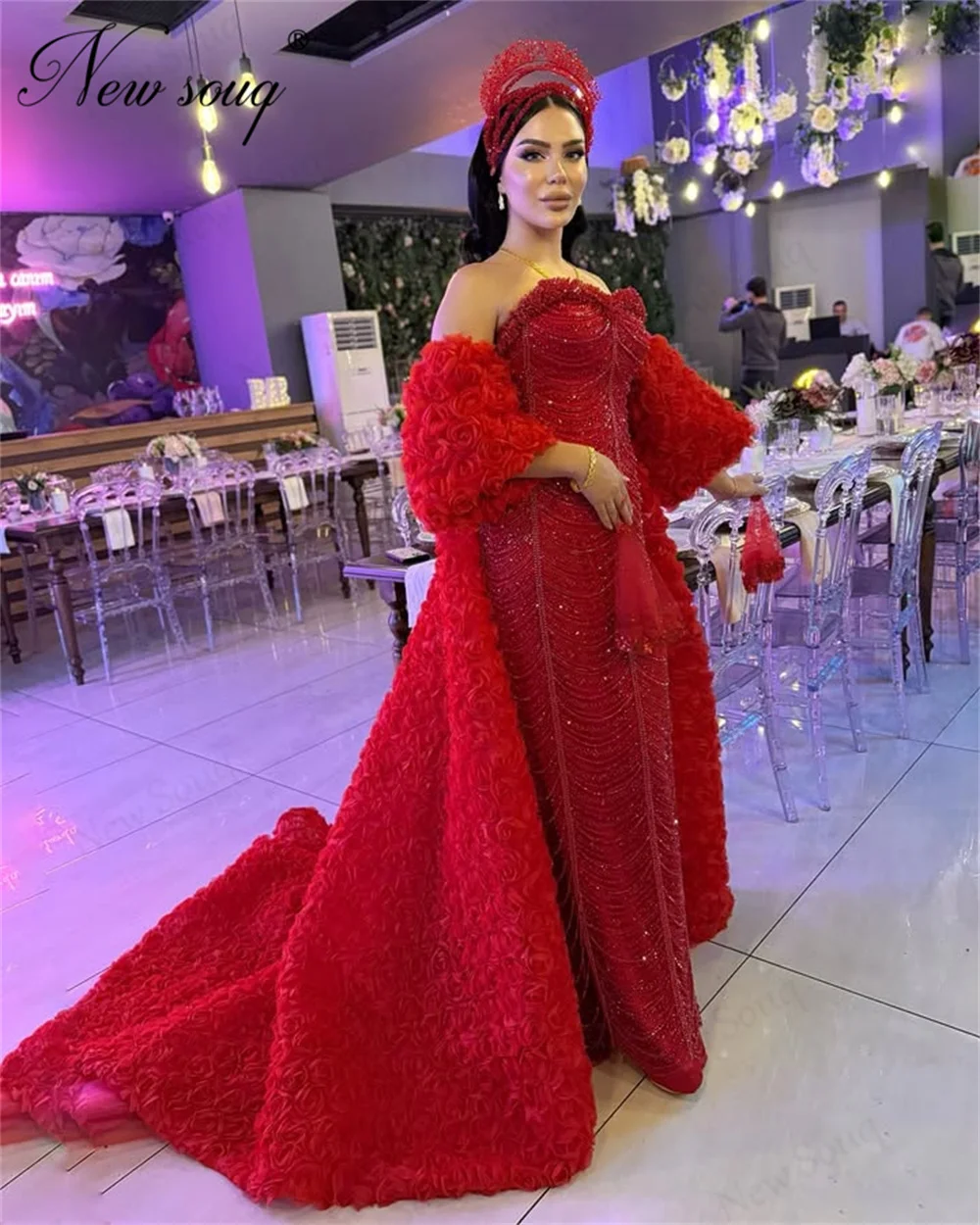 Luxury Red Mermaid Prom Dresses Vestidos De Noiva Cape Long Sleeves Women Beaded Evening Dress Dubai Party Dress 2025 Customized