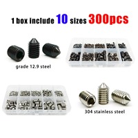 300pcs Mix M3 M4 M5 M6 M8 Kit Hex Hexagon Socket Tapered End Grub Bolt Cone Point Set Screw 304 Stainless Black Grade 12.9 Steel