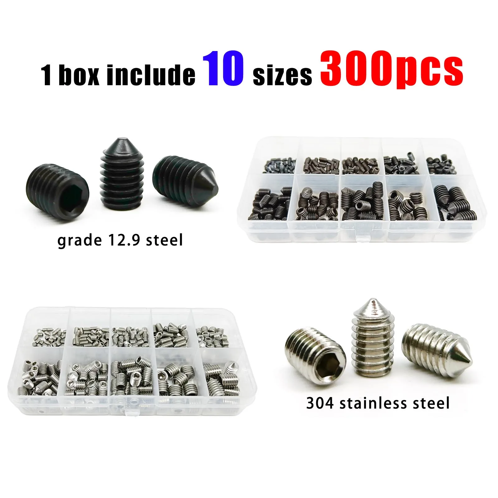 300pcs Mix M3 M4 M5 M6 M8 Kit Hex Hexagon Socket Tapered End Grub Bolt Cone Point Set Screw 304 Stainless Black Grade 12.9 Steel