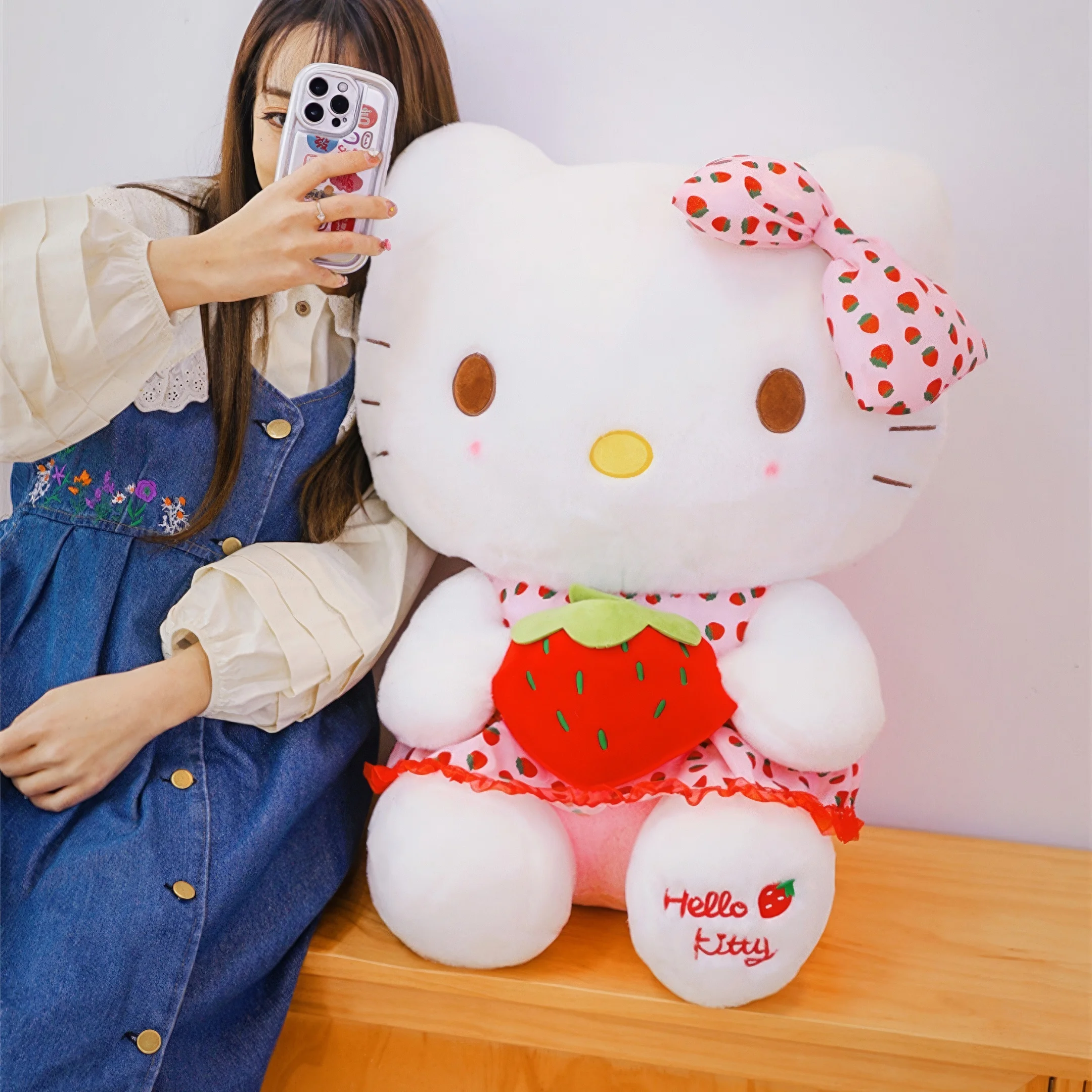 60cm Kawaii Sanrio Hello Kitty Plush Toy Big Size Pillow Strawberry KT Cat Soft Stuffed Doll Cute Cushion Girls Birthday Gift